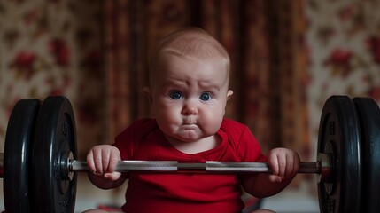 A baby in a red shirt shows a face of determination while holding up a barbell - obrazy, fototapety, plakaty