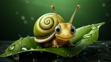 An adorable cartoon logo of a happy snail sliding on a leaf.