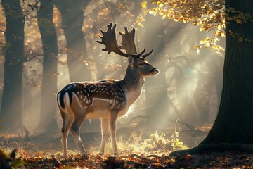 A majestic fallow deer stands in a misty sunlit forest
