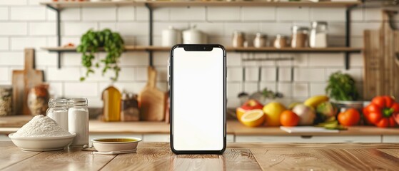 A modern smartphone with a blank screen standing on a wooden kitchen counter with ingredients.