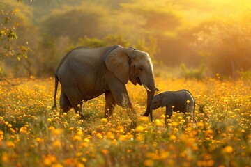A mother elephant and her calf walk gently through a field of yellow flowers bathed in the warm glow of the sun. - obrazy, fototapety, plakaty