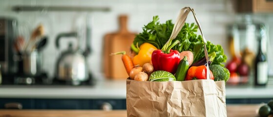 A paper bag brimming with a healthy selection of fresh vegetables and fruits on a kitchen table