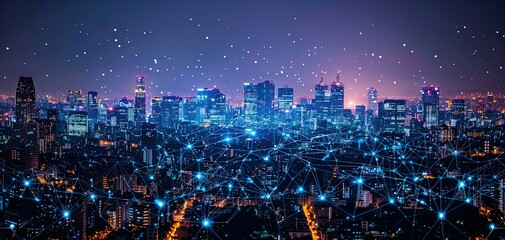 Network City Digital Connection Technology Concept. Wireless network and Connection technology concept with city background at nigh