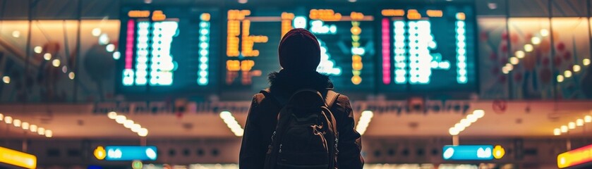A traveler stands in an airport gazing at the flight information display board - obrazy, fototapety, plakaty