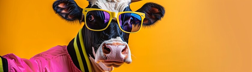 A trendy cow poses in a neon pink and yellow jacket with stylish sunglasses against an orange background.