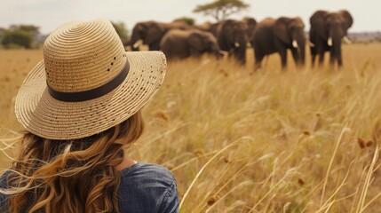 A woman on a safari tour wearing a straw hat