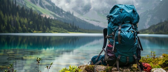 Large hiking backpack with gear ready beside a tranquil mountain lake.