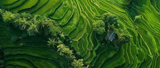 Lush green rice terraces with a small hut from an aerial perspective