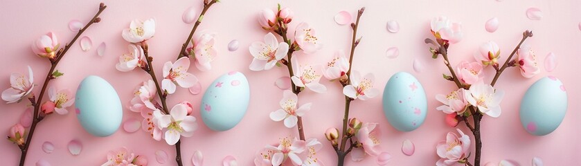 Pastel Easter eggs with delicate cherry blossoms arranged on a soft pink background. - obrazy, fototapety, plakaty