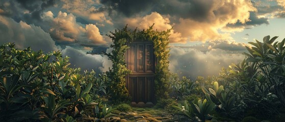 Surreal landscape with a door surrounded by lush foliage under a dramatic sky. - obrazy, fototapety, plakaty