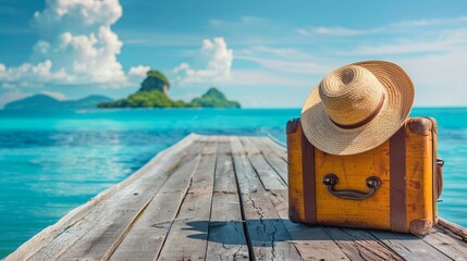 Fototapeta na wymiar The concept of travel and leisure depicted by a suitcase and straw hat on a wooden jetty with a turquoise sea backdrop.