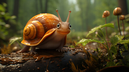 An adorable cartoon logo of a happy snail sliding on a leaf. - obrazy, fototapety, plakaty