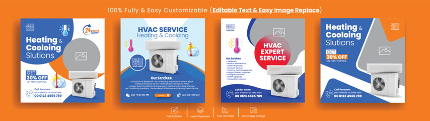 Set of editable Instagram post for HVAC Repair and Maintenance service social media post banner template bundle suitable for Air conditioner maintenance services ads design