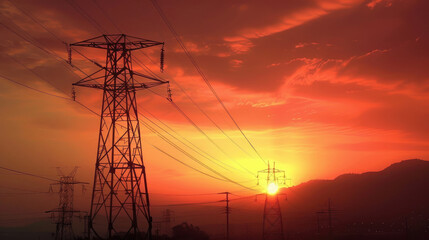 Dramatic Sunset Scene, Silhouette of Electric Tower in Evening Glow
