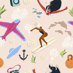 Seamless pattern with touristic stuff, airplan, serfer. Endless texture about travel and tourism. Colored flat vector illustration isolated on beige background. Hand Drawing.
