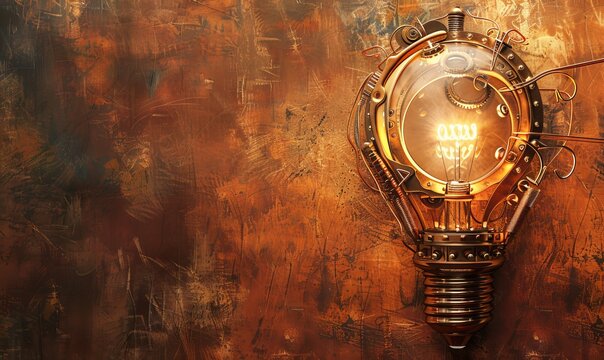 Steampunk light bulb glowing, fantasy concept for new ideas