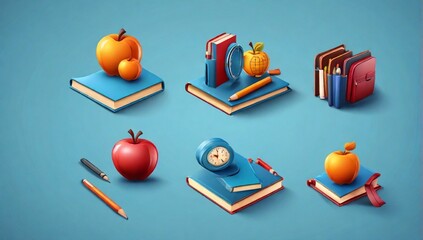 Collection of 3d back to school icon isolated on blue, Education and online class concept. Eps 10 Vector.
