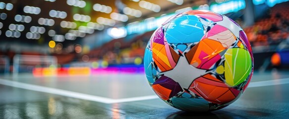 The vivid colors of a futsal ball in the foreground, with the indoor arena and its enthusiastic...