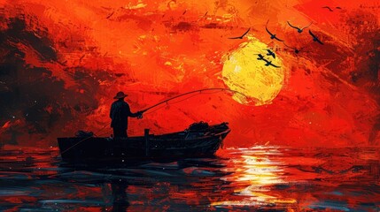 Captivating Sunset Silhouette of Lone Fisherman in Boat on Serene Body of Water