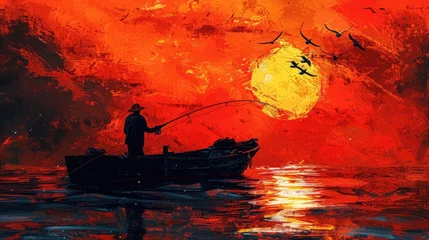 Cercles muraux Rouge Captivating Sunset Silhouette of Lone Fisherman in Boat on Serene Body of Water