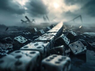 Business domino effect, collapsing under economic stress, gloomy financial landscape, high detail High resolution