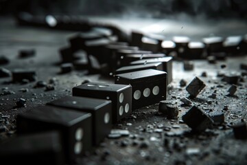 Domino collapse in a business environment, metaphor for failing economy, dark and intense photographic style