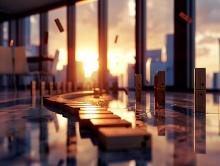 Economic crisis depicted with falling dominoes in a corporate office, tension and uncertainty 8K resolution