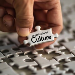 A close-up of a hand placing the final puzzle piece with "Culture" written on it into a jigsaw puzzle, highlighting the term "Organizational" Job ID: b508999c-32d2-4825-9d64-92844322819e