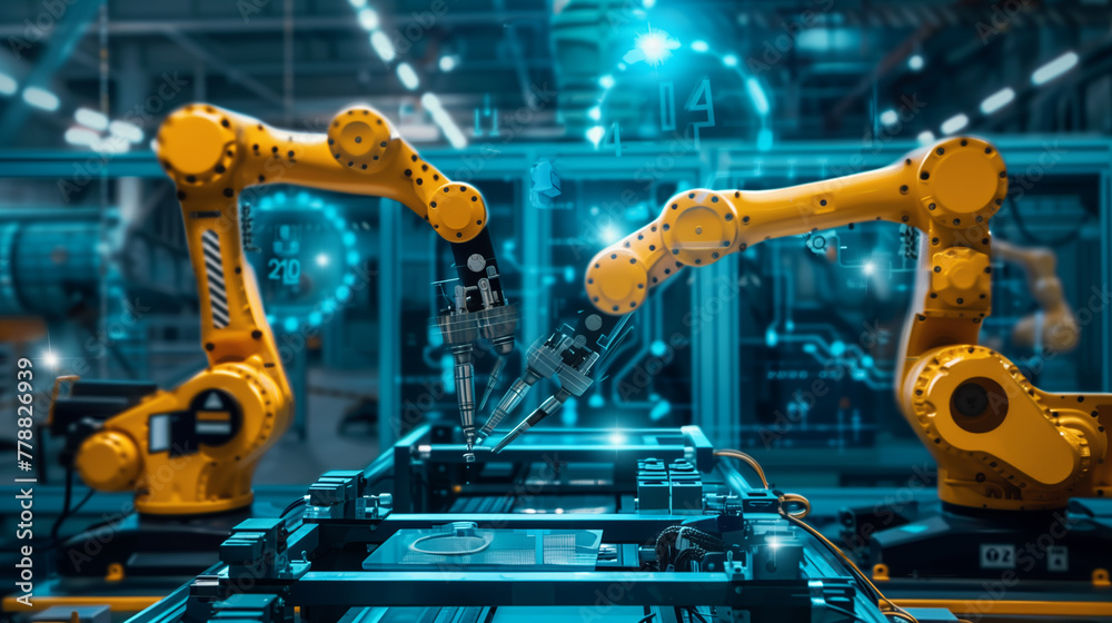 Poster robot working on metal parts in factory the robot is surrounded by other robots and machines. the sc