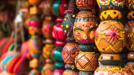 Fototapeta premium Indian handicraft background, wooden toys, traditional, colorful, vibrant