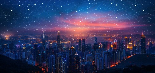 Obraz premium Network City Digital Connection Technology Concept. Wireless network and Connection technology concept with city background at nigh
