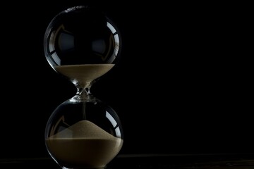 A close-up of a sandglass with sand trickling down, signifying the passage of time, isolated on a dark background.