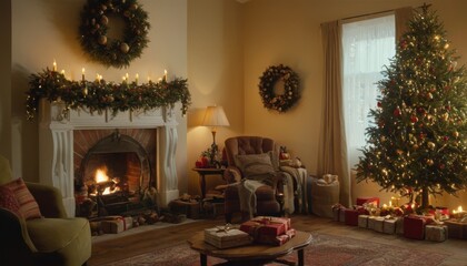 The heartwarming essence of Christmas is captured in this cozy living room, adorned with a festive tree and fireplace aglow with inviting warmth.