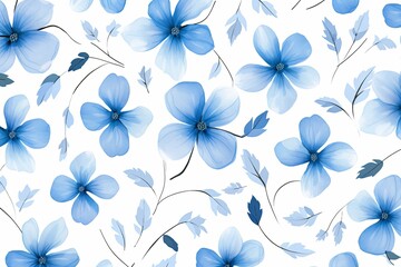 Fototapeta na wymiar Blue flower petals and leaves on white background seamless watercolor pattern spring floral backdrop