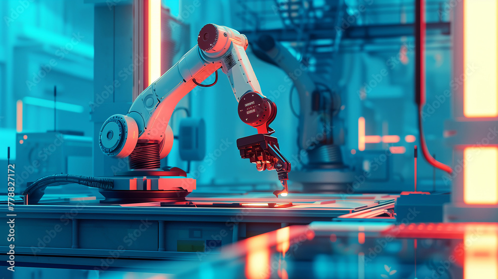 Poster robot working on metal parts in factory the robot is surrounded by other robots and machines. the sc