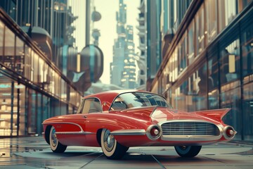 Timeless vintage car equipped with cuttingedge technology, parked in a modern metropolis, symbolizing past meets future 3d rendering