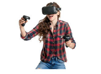 Women game streamer on social media wears virtual reality glasses to have fun,PNG image