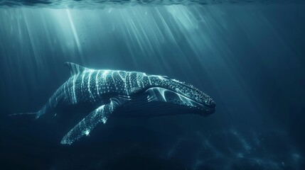 Underwater giant, whale in 52 Hz frequency ripple, hologram effect, deep sea tranquility 3d rendering - obrazy, fototapety, plakaty