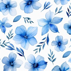 Blue flower petals and leaves on white background seamless watercolor pattern spring floral backdrop