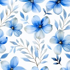 Blue flower petals and leaves on white background seamless watercolor pattern spring floral backdrop