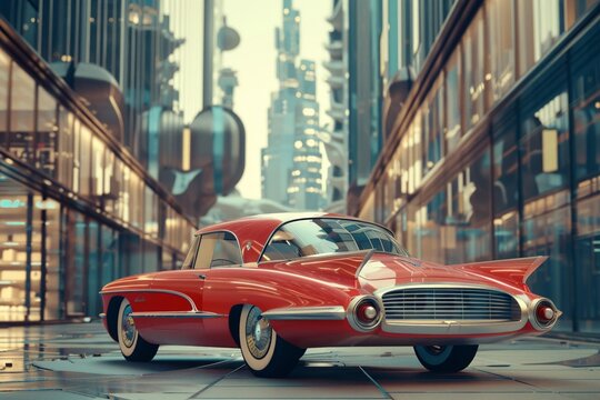 Fototapeta Timeless vintage car equipped with cuttingedge technology, parked in a modern metropolis, symbolizing past meets future 3d rendering
