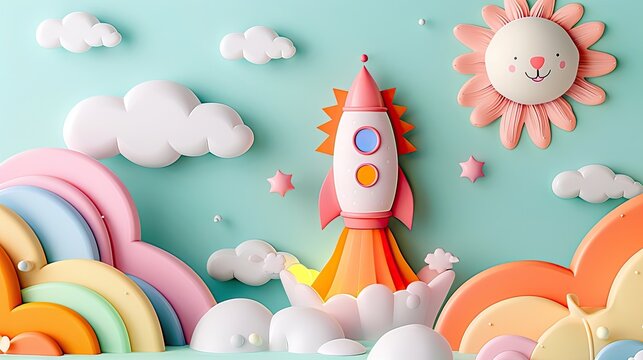 Whimsical Papercraft Rocket and Rainbow Landscape in Vibrant Pastel Colors