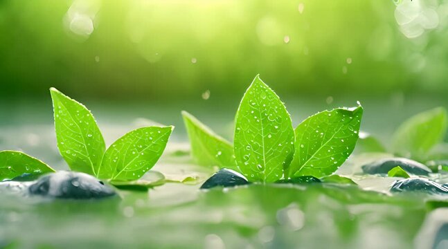 fresh green leaves with water drops over the water , relaxation with water ripple drops concept , slow motion