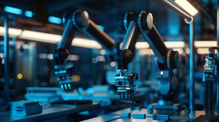 Fototapeta premium Robot working on metal parts in factory The robot is surrounded by other robots and machines. The scene is futuristic and industrial.