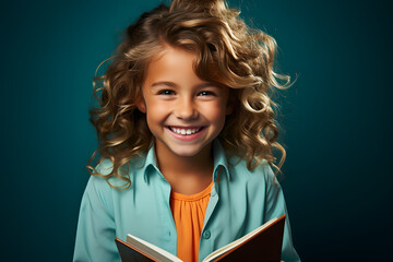 Teen and Child Confidence, Enthusiasm, Blank Space, Vibrant Teal Backdrop.
