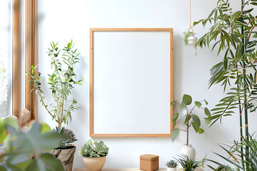Wooden frame for wall art mock up hanging next to potted plants in boho room interior.