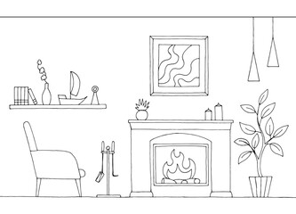 Fireplace in living room graphic black white interior sketch illustration vector - 778827514