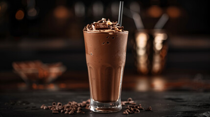 A chocolate drink is poured into a glass on a wooden table. chocolate milkshake. elegantly food styled. placed in a dark background. food photography.