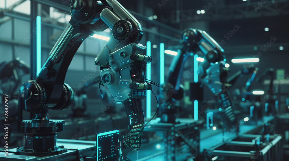 Poster robot working on metal parts in factory the robot is surrounded by other robots and machines. the sc
