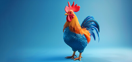 A colorful chicken stands on a blue background - obrazy, fototapety, plakaty